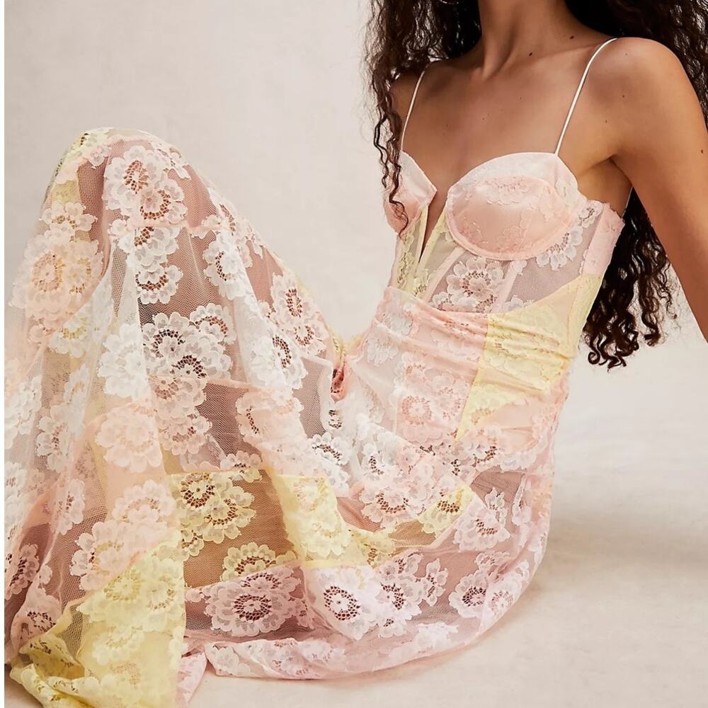 For Love & Lemons Blossom Pink Lemonade Sheer Lace Bodysuit Boho Maxi Dress S - Picture 2 of 10